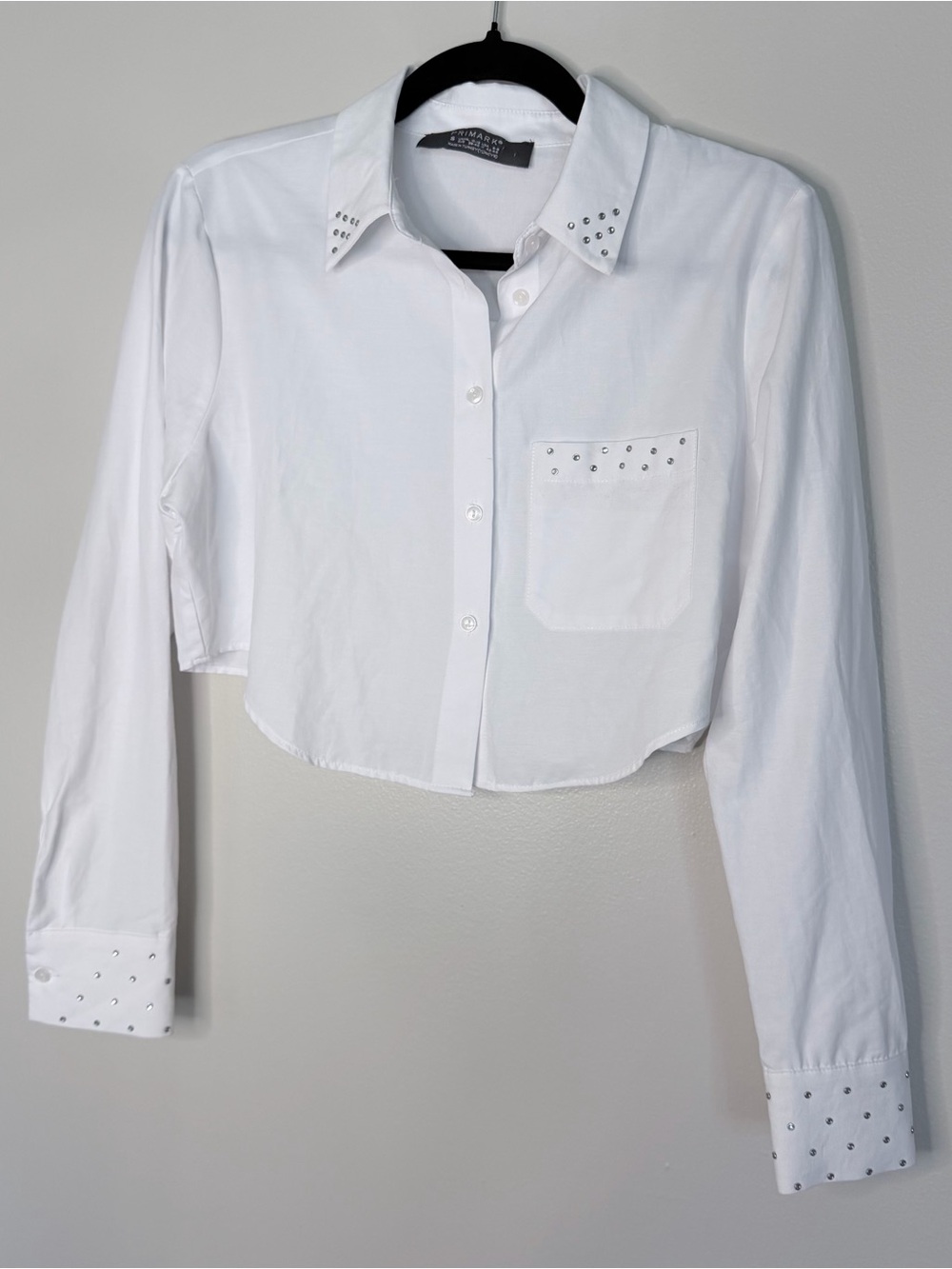 Primark White Cropped Button-Down Shirt with Stud Detail